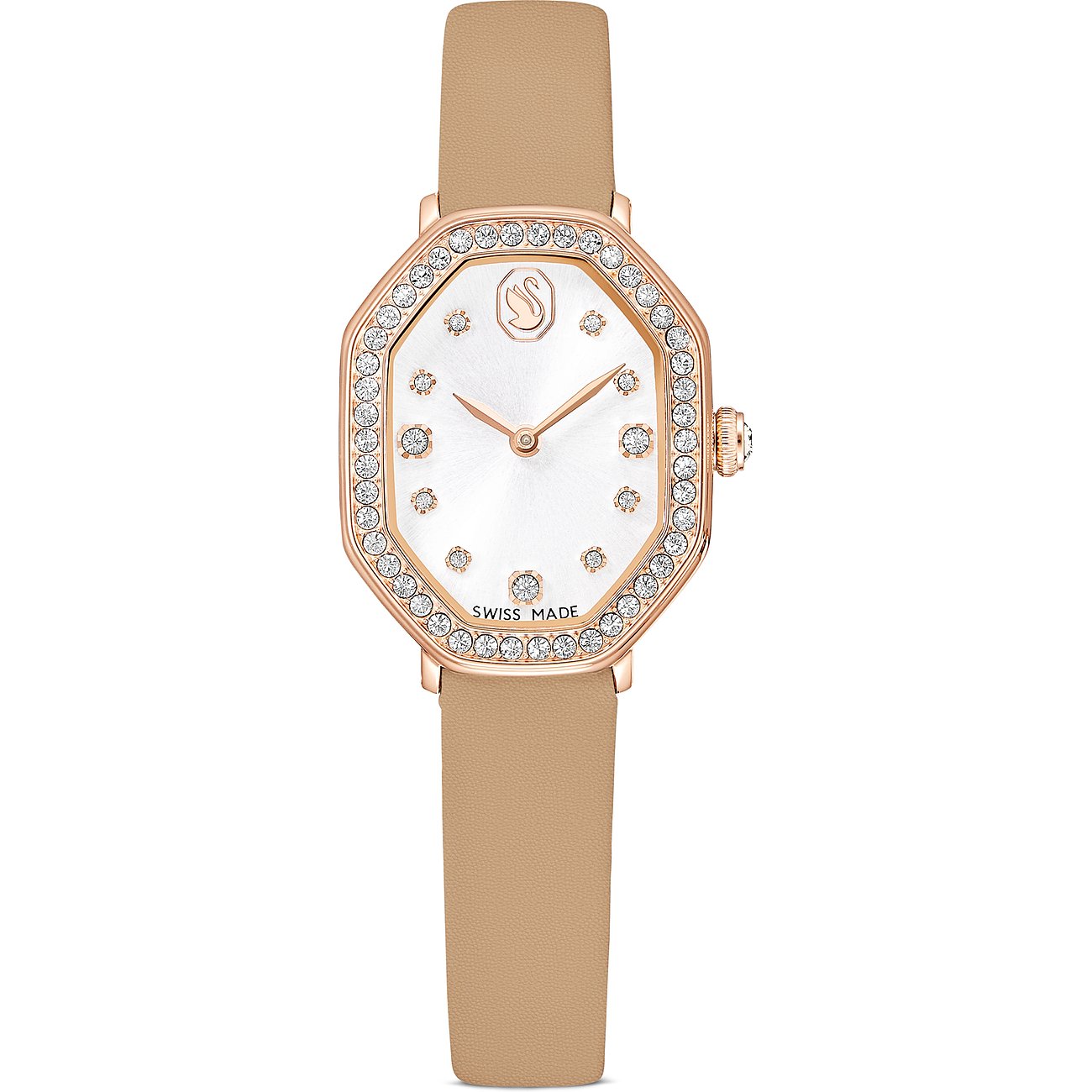Swarovski Unisexuhr aus Edelstahl mit roségoldfarbenem Gehäuse, Swarovski-Kristallen und beigem Lederarmband.