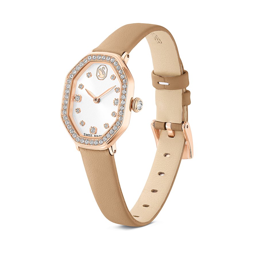 Swarovski Unisexuhr aus Edelstahl mit roségoldfarbenem Gehäuse, beigem Lederarmband und achteckigem Zifferblatt.