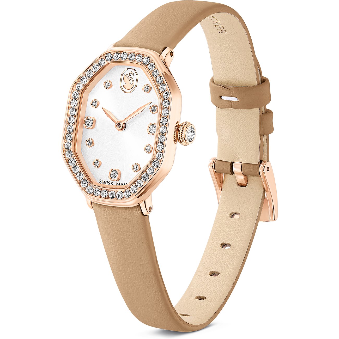 Swarovski Unisexuhr aus Edelstahl mit roségoldfarbenem Gehäuse, beigem Lederarmband und achteckigem Zifferblatt.