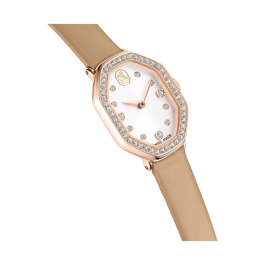 Swarovski Unisexuhr aus roségoldfarbenem Edelstahl mit beigem Lederarmband und achteckigem Zifferblatt mit Kristallen.