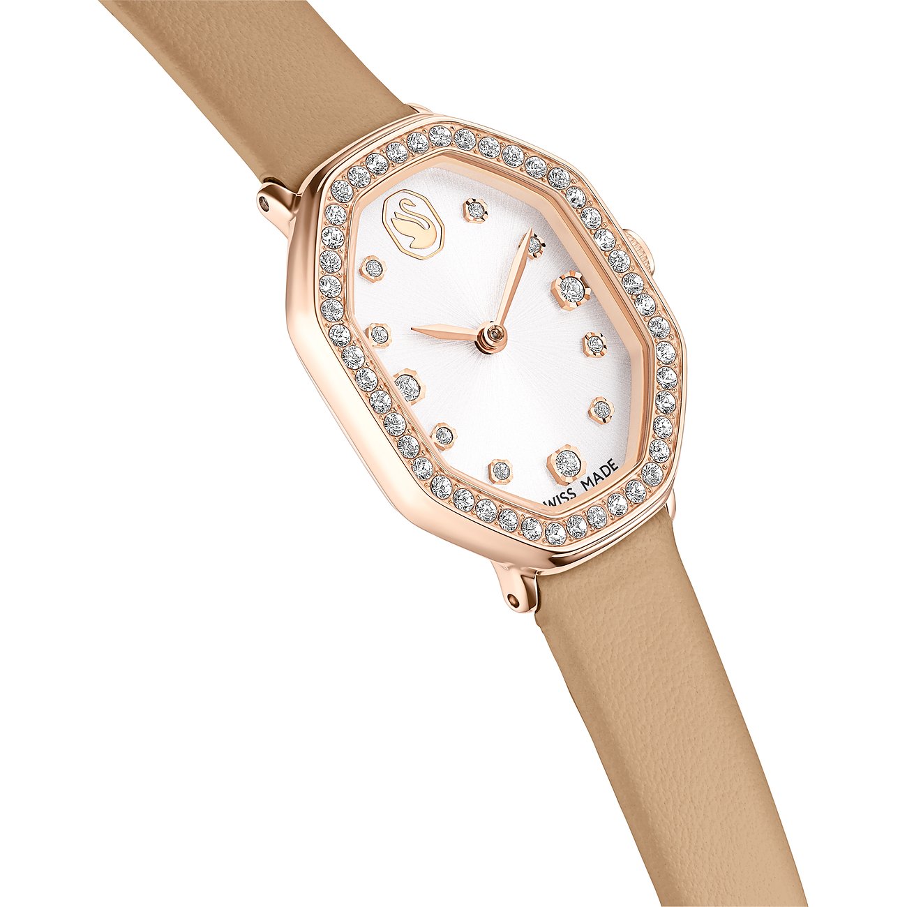 Swarovski Unisexuhr aus roségoldfarbenem Edelstahl mit beigem Lederarmband und achteckigem Zifferblatt mit Kristallen.