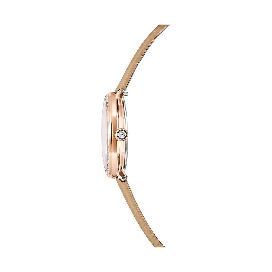Seitenansicht einer roségoldfarbenen Swarovski Unisexuhr aus Edelstahl mit beige-braunem Band und Swarovski-Kristallen.
