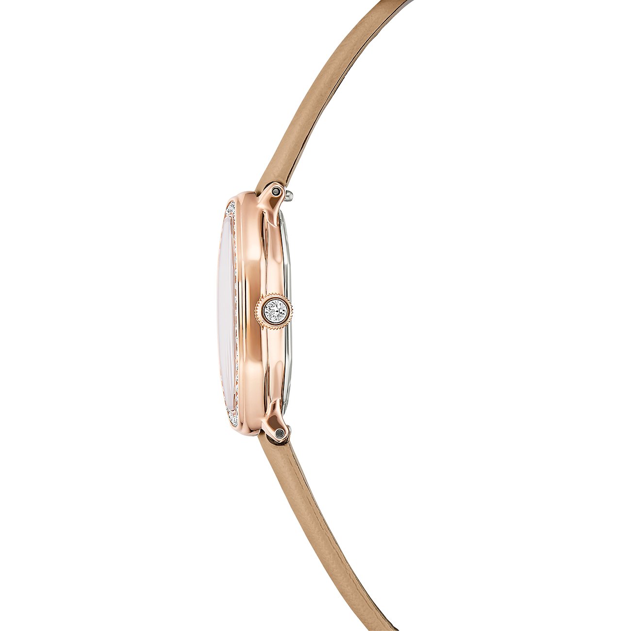 Seitenansicht einer roségoldfarbenen Swarovski Unisexuhr aus Edelstahl mit beige-braunem Band und Swarovski-Kristallen.