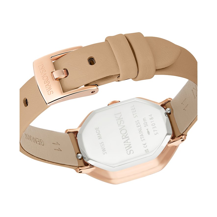 Rückansicht der Swarovski Unisexuhr aus Edelstahl mit beigem Lederarmband und roségoldener Dornschließe.