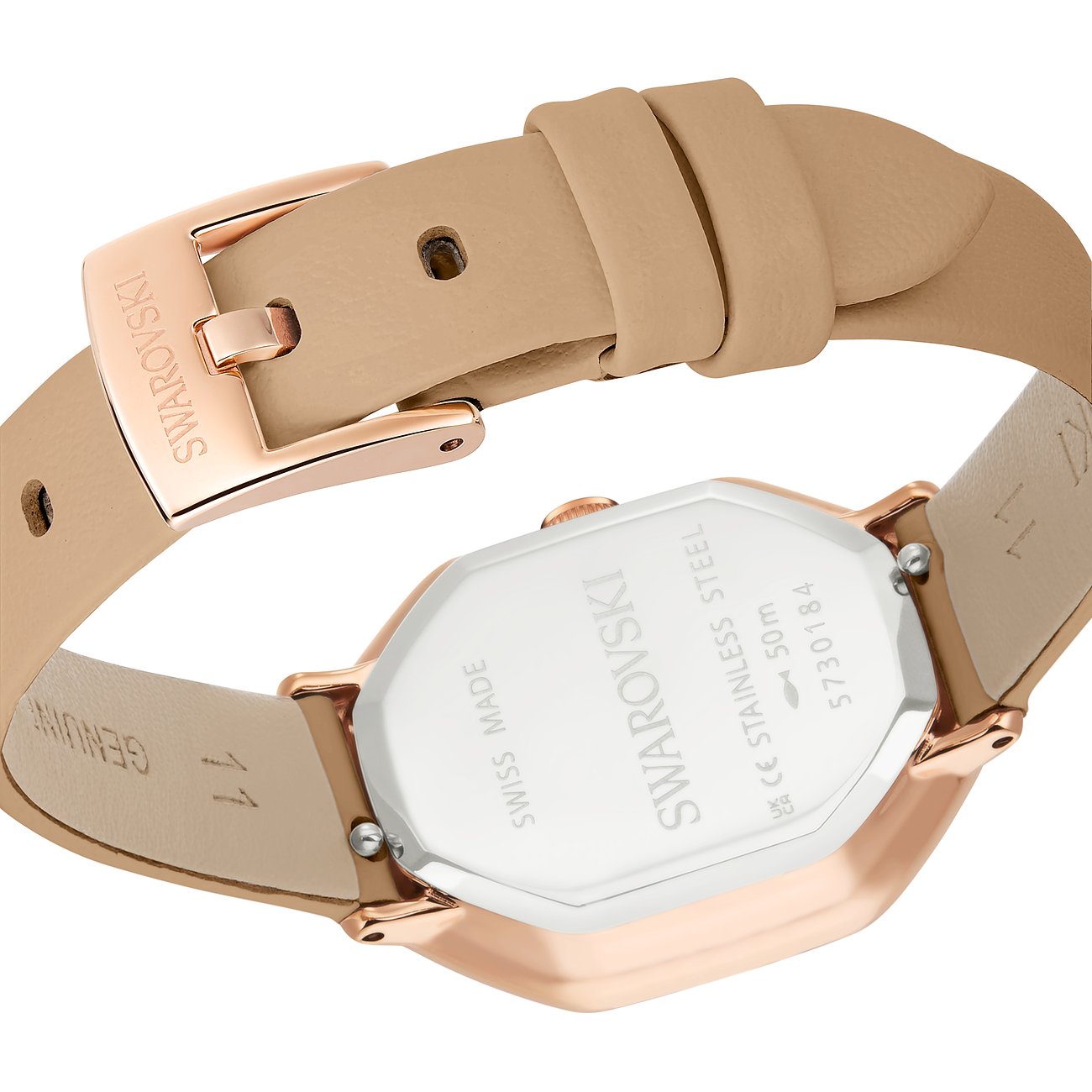 Rückansicht der Swarovski Unisexuhr aus Edelstahl mit beigem Lederarmband und roségoldener Dornschließe.