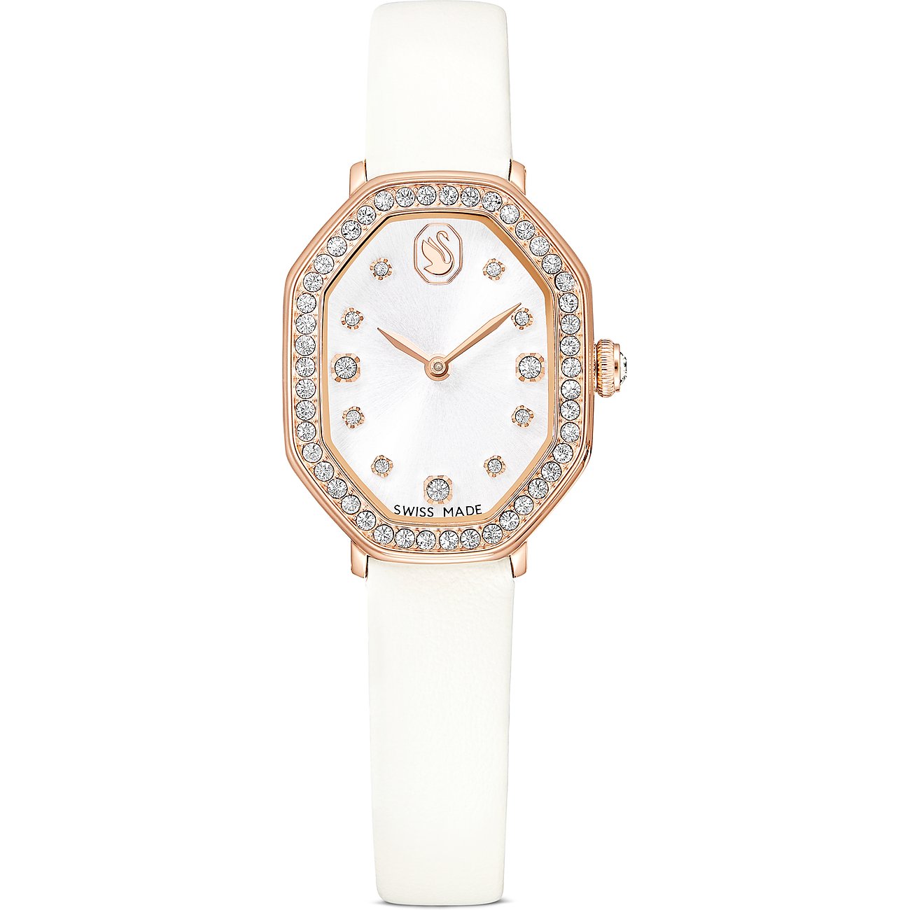 Die Swarovski Uhr aus Edelstahl und Swarovski-Kristall hat ein roségoldenes, achteckiges Gehäuse mit einem weißen Band.