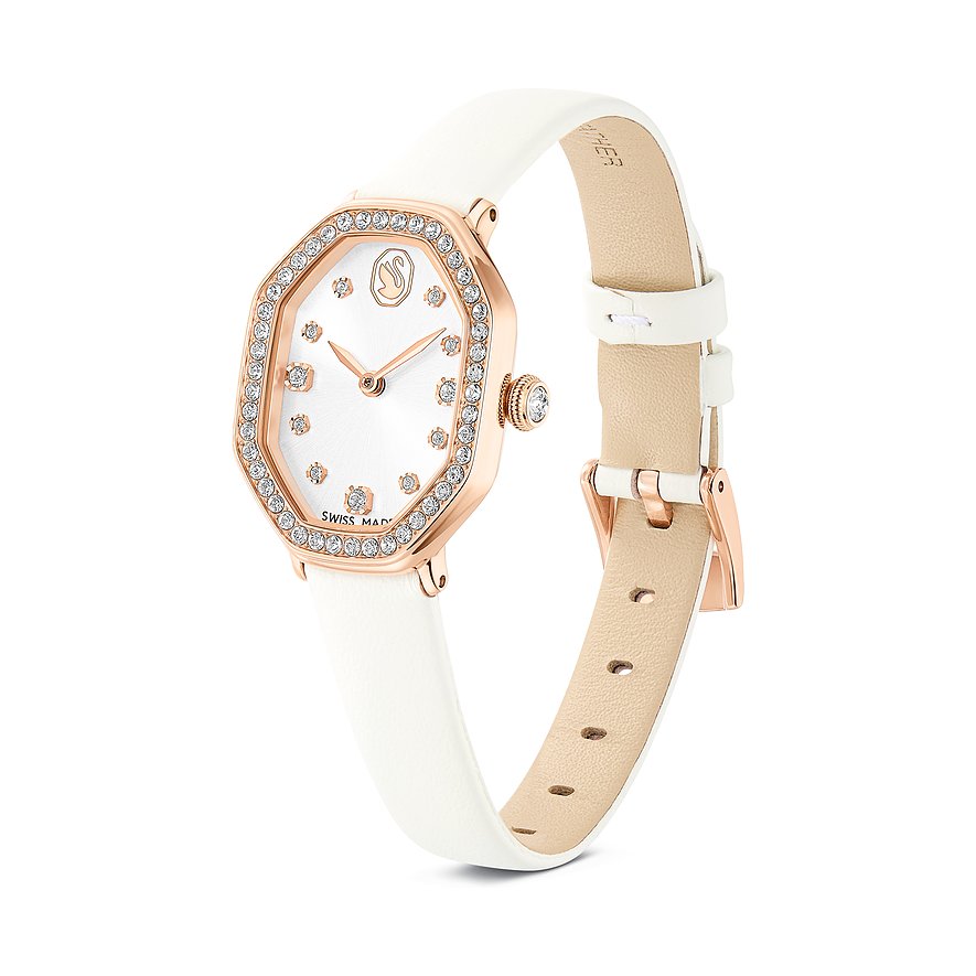 Swarovski Unisexuhr: Edelstahl, roségoldfarbenes Gehäuse, Swarovski-Kristalle, weißes Lederband.