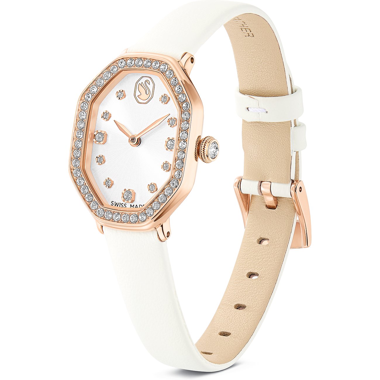 Swarovski Unisexuhr: Edelstahl, roségoldfarbenes Gehäuse, Swarovski-Kristalle, weißes Lederband.