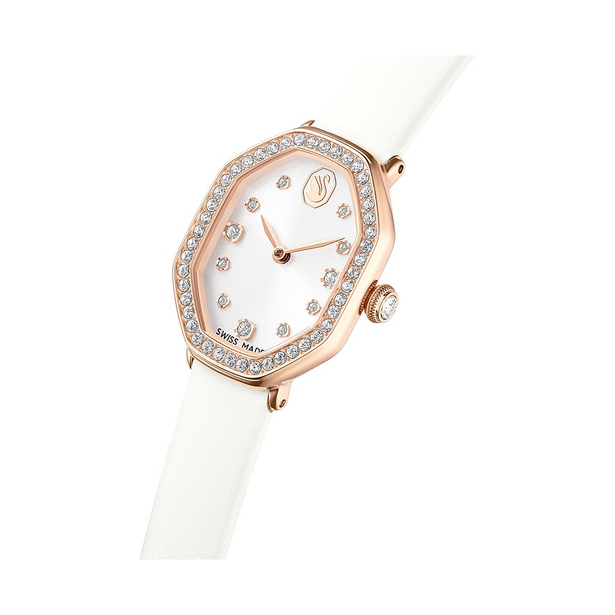 Nahaufnahme einer Swarovski Unisexuhr aus roségoldfarbenem Edelstahl mit achteckigem Zifferblatt und Kristallen.