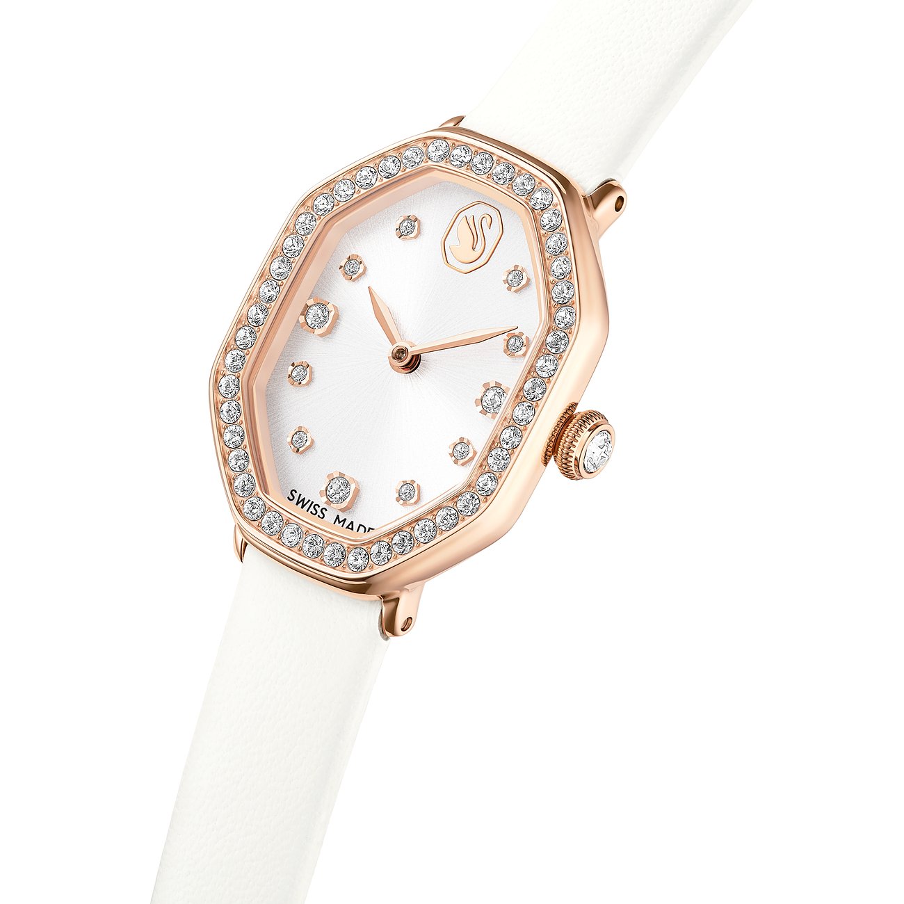 Nahaufnahme einer Swarovski Unisexuhr aus roségoldfarbenem Edelstahl mit achteckigem Zifferblatt und Kristallen.