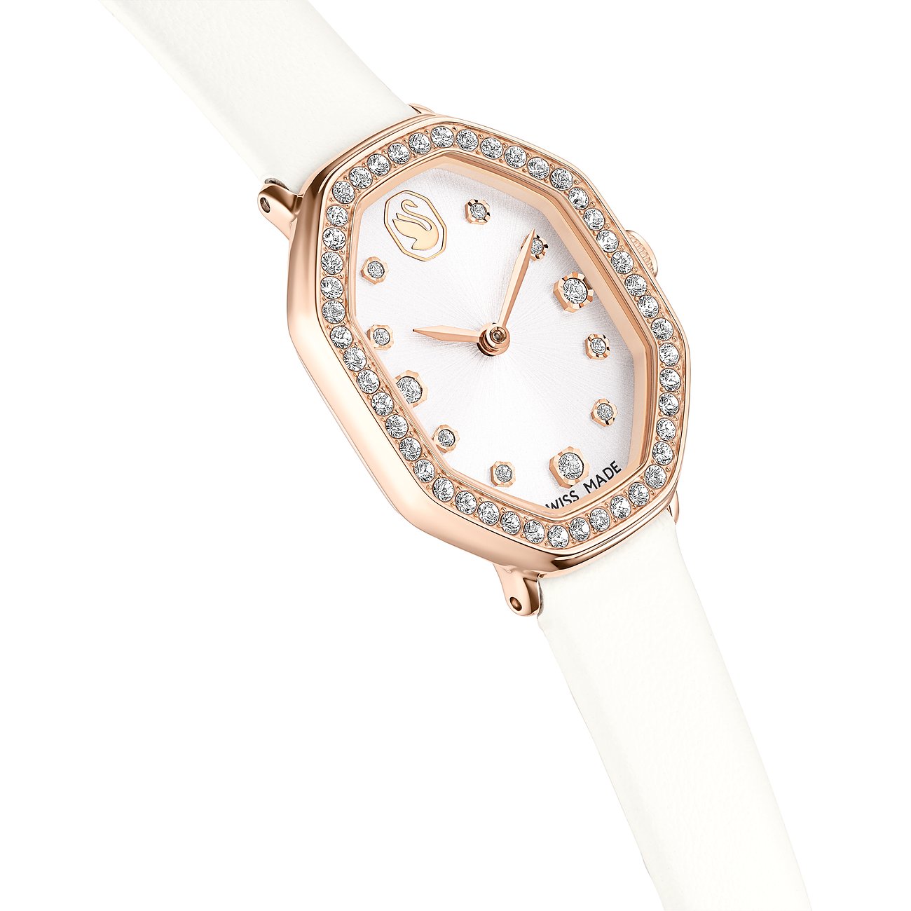 Nahaufnahme einer Swarovski Unisexuhr aus Edelstahl mit roségoldfarbenem Gehäuse, weißem Band und Swarovski-Kristallen.