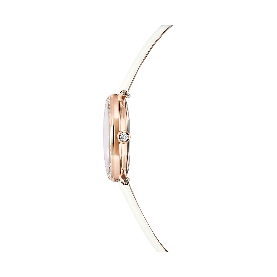 Seitenansicht einer Swarovski Damen-Armbanduhr aus roségoldfarbenem Edelstahl mit weißem Lederarmband und farbigen Steinen.