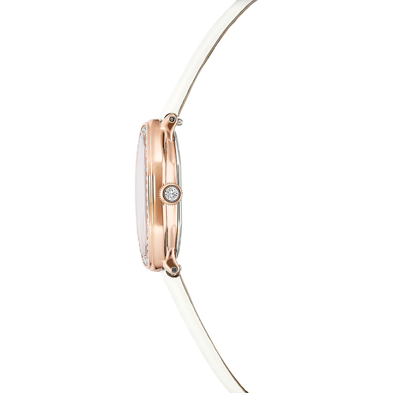 Seitenansicht einer Swarovski Damen-Armbanduhr aus roségoldfarbenem Edelstahl mit weißem Lederarmband und farbigen Steinen.
