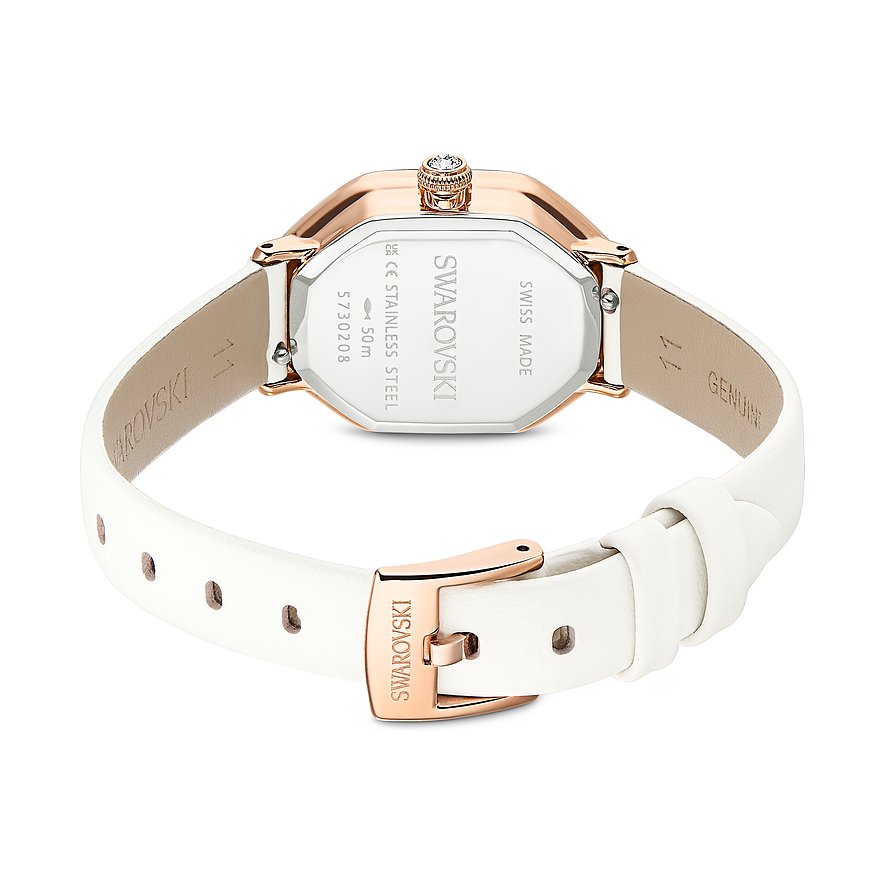 Rückansicht einer Swarovski Damenuhr mit roségoldenem Edelstahlgehäuse, weißem Lederarmband und Dornschließe.