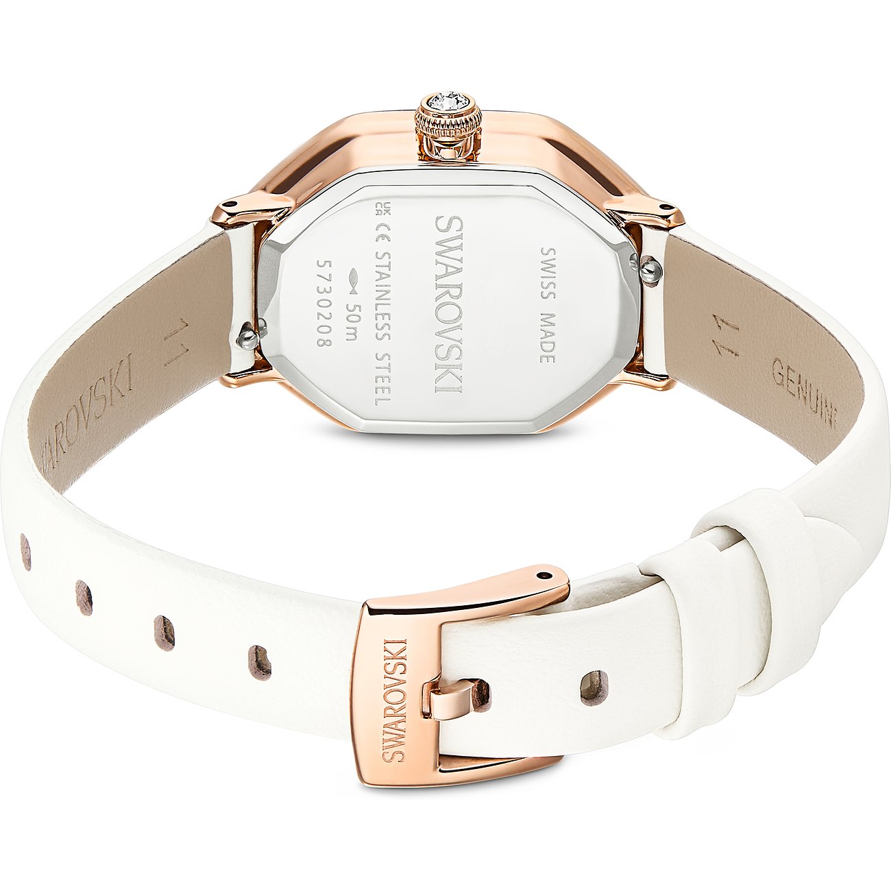 Rückansicht einer Swarovski Damenuhr mit roségoldenem Edelstahlgehäuse, weißem Lederarmband und Dornschließe.