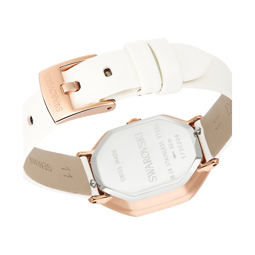 Rückseite einer Swarovski Unisex-Uhr aus Edelstahl mit roségoldenem Gehäuse und weißem Lederarmband, am Verschluss geöffnet.
