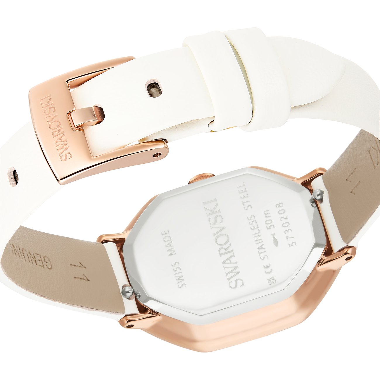 Rückseite einer Swarovski Unisex-Uhr aus Edelstahl mit roségoldenem Gehäuse und weißem Lederarmband, am Verschluss geöffnet.