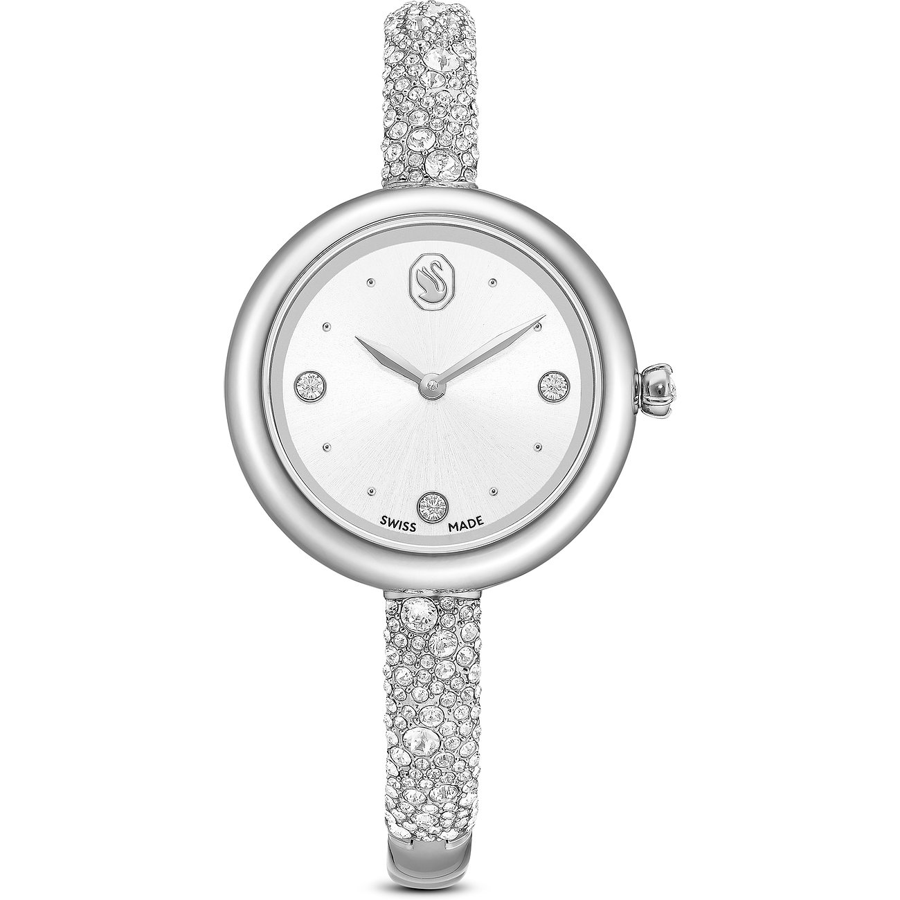 Swarovski unisex horloge, roestvrij staal, ronde wijzerplaat, met kristallen op één helft van de bangle.