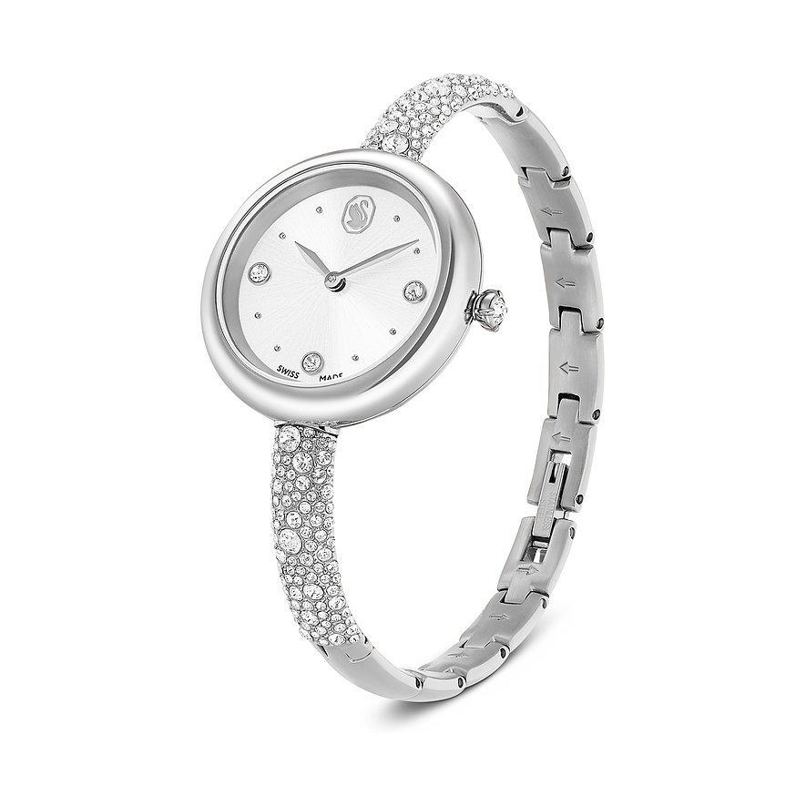 Swarovski unisex stalen horloge met ovale wijzerplaat en fonkelende Swarovski-kristallen op de band.