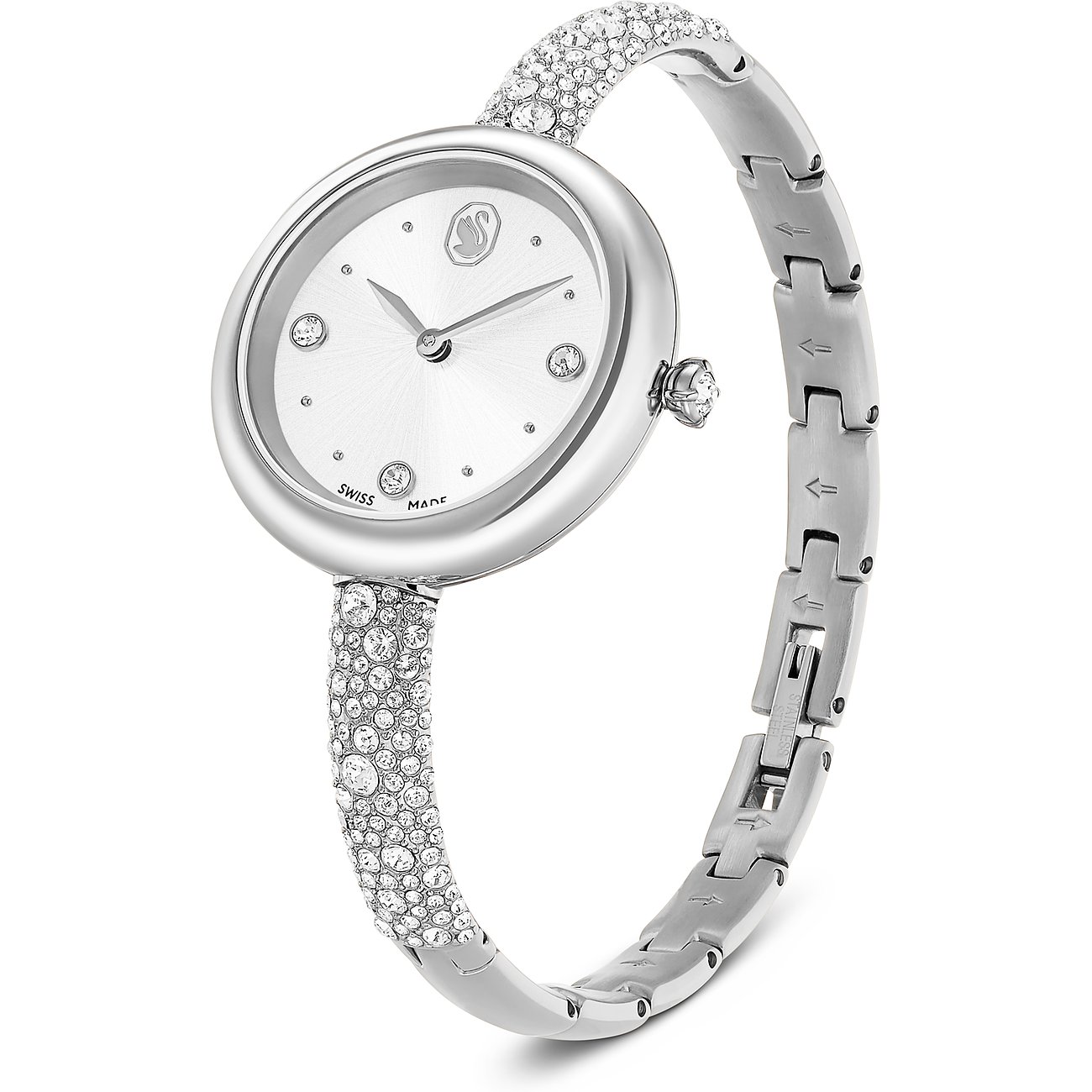 Swarovski unisex stalen horloge met ovale wijzerplaat en fonkelende Swarovski-kristallen op de band.