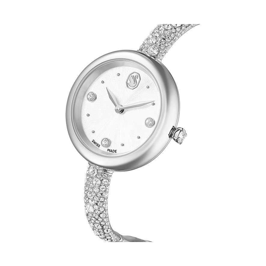 Swarovski unisex-horloge: roestvrij staal, ovale kast, zilverkleurige wijzerplaat, glinsterende Swarovski-kristallen.