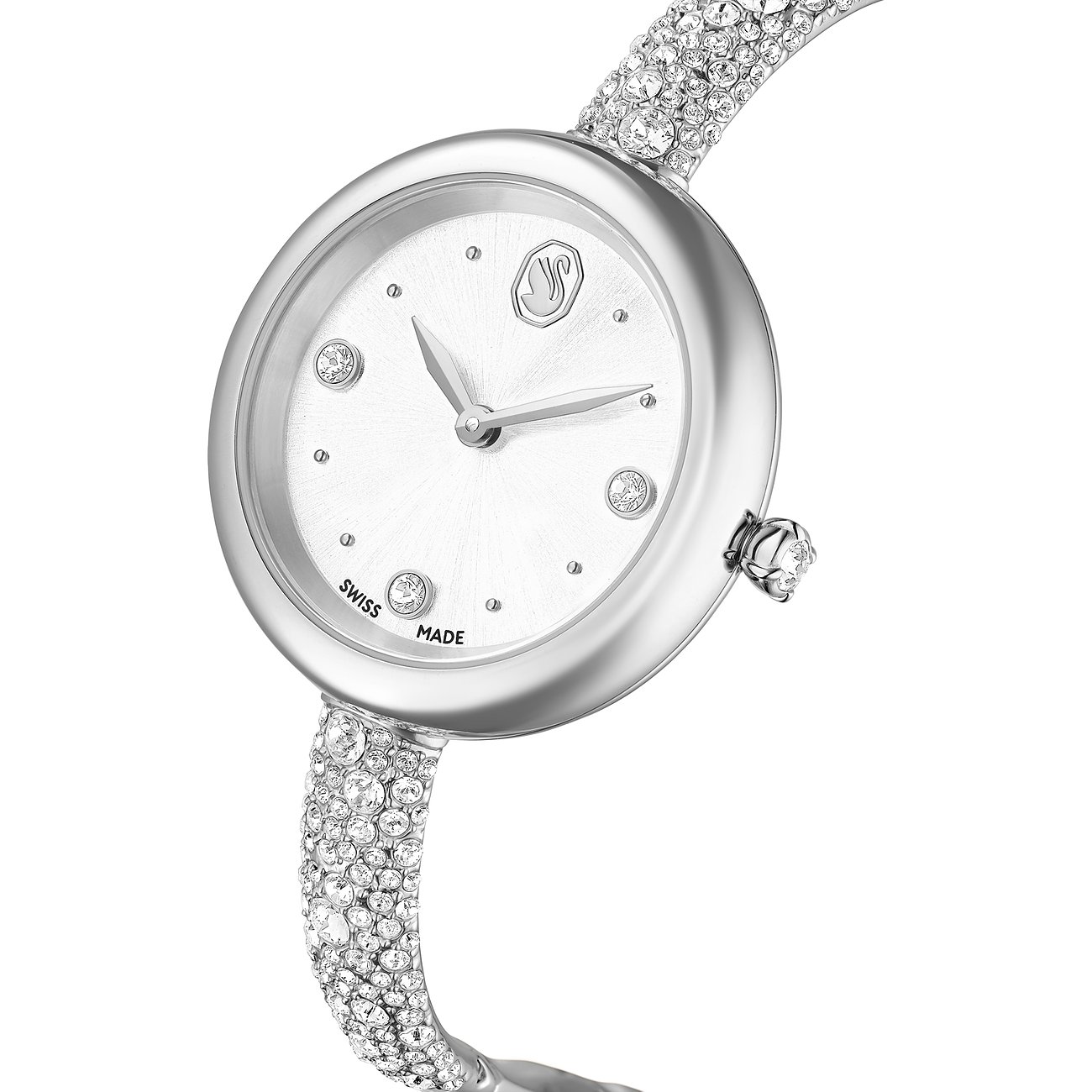Swarovski unisex-horloge: roestvrij staal, ovale kast, zilverkleurige wijzerplaat, glinsterende Swarovski-kristallen.