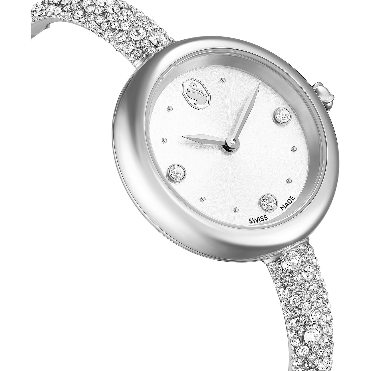 Swarovski unisex horloge van roestvrij staal met zilveren wijzerplaat en fonkelende Swarovski kristallen band.