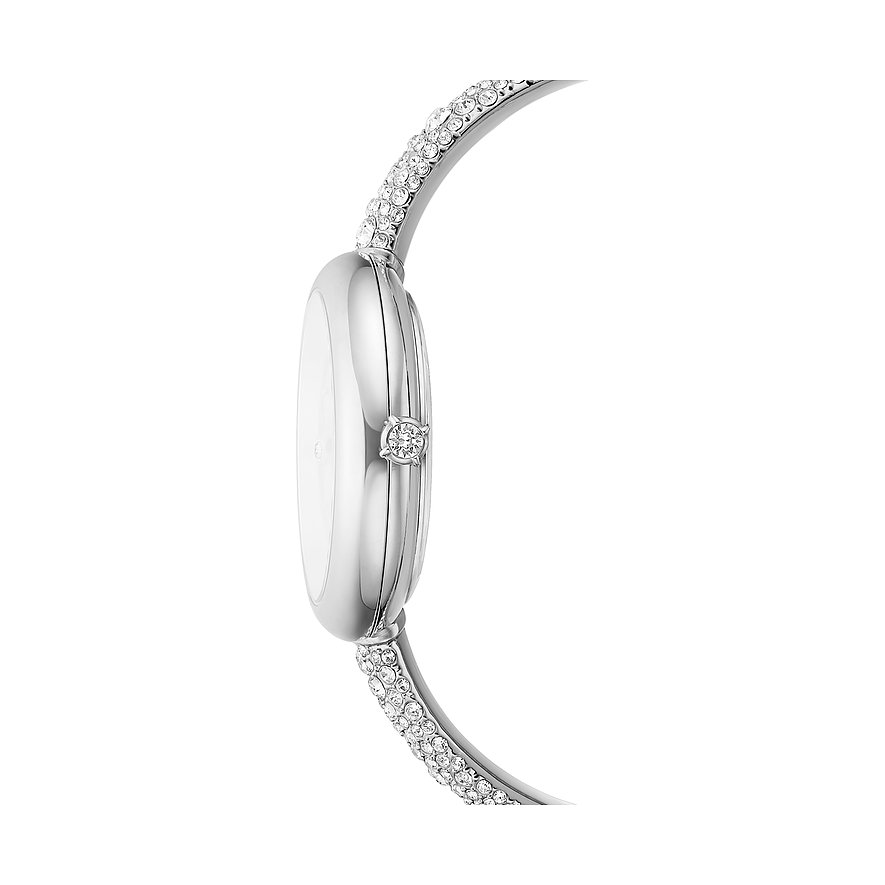 Zijaanzicht luxe Swarovski unisex roestvrijstalen horloge met fonkelende Swarovski kristallen op de band.