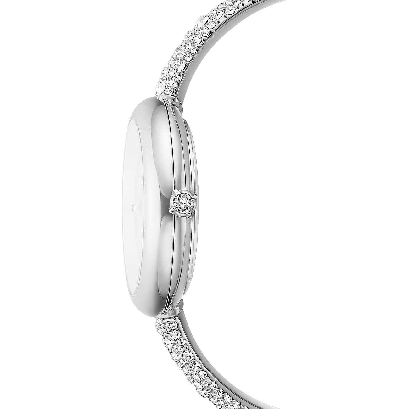 Zijaanzicht luxe Swarovski unisex roestvrijstalen horloge met fonkelende Swarovski kristallen op de band.