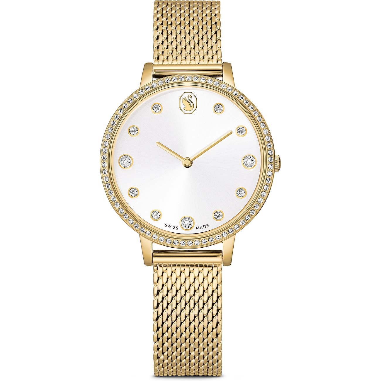 Swarovski Unisexuhr aus goldenem Edelstahl mit weißem Zifferblatt und umlaufenden Swarovski-Kristallen.