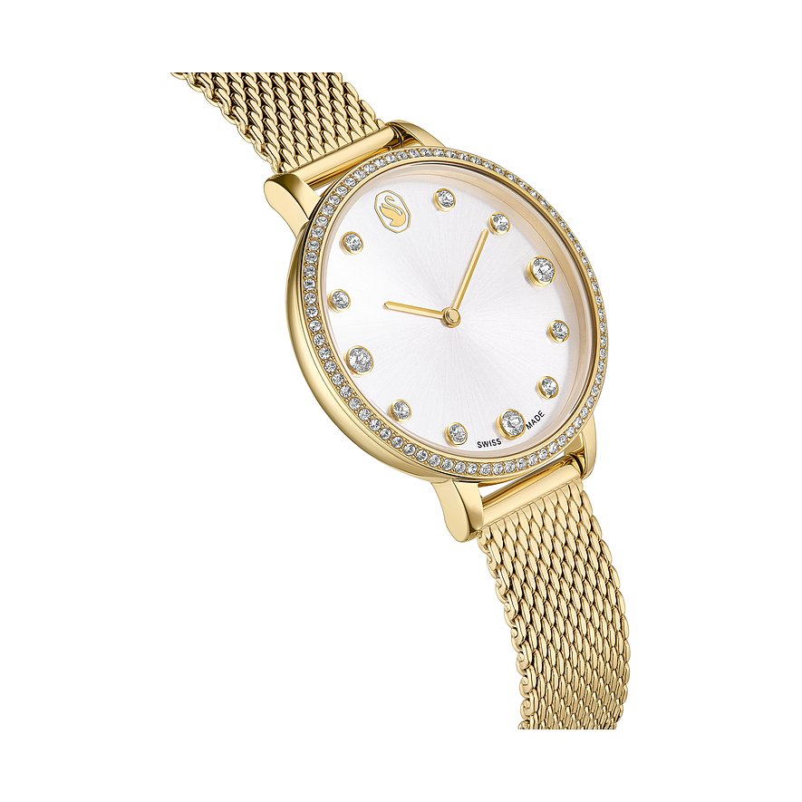 Nahaufnahme einer goldenen Swarovski Unisexuhr aus Edelstahl mit farbigen Swarovski-Kristallen in Seitenansicht.