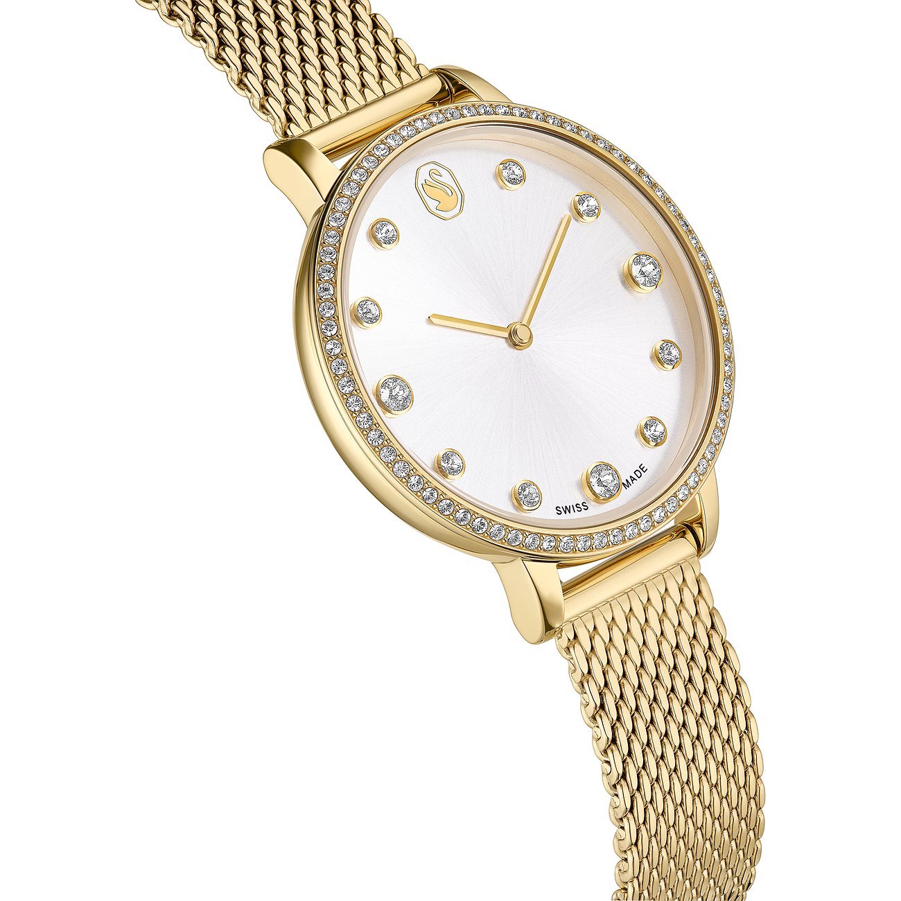 Nahaufnahme einer goldenen Swarovski Unisexuhr aus Edelstahl mit farbigen Swarovski-Kristallen in Seitenansicht.