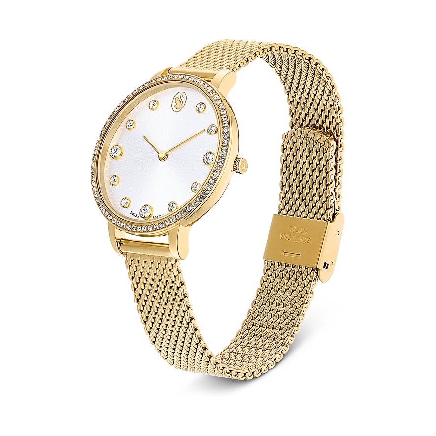 Swarovski Unisexuhr aus goldenem Edelstahl mit weißem Zifferblatt und Swarovski-Kristallen auf der Lünette.