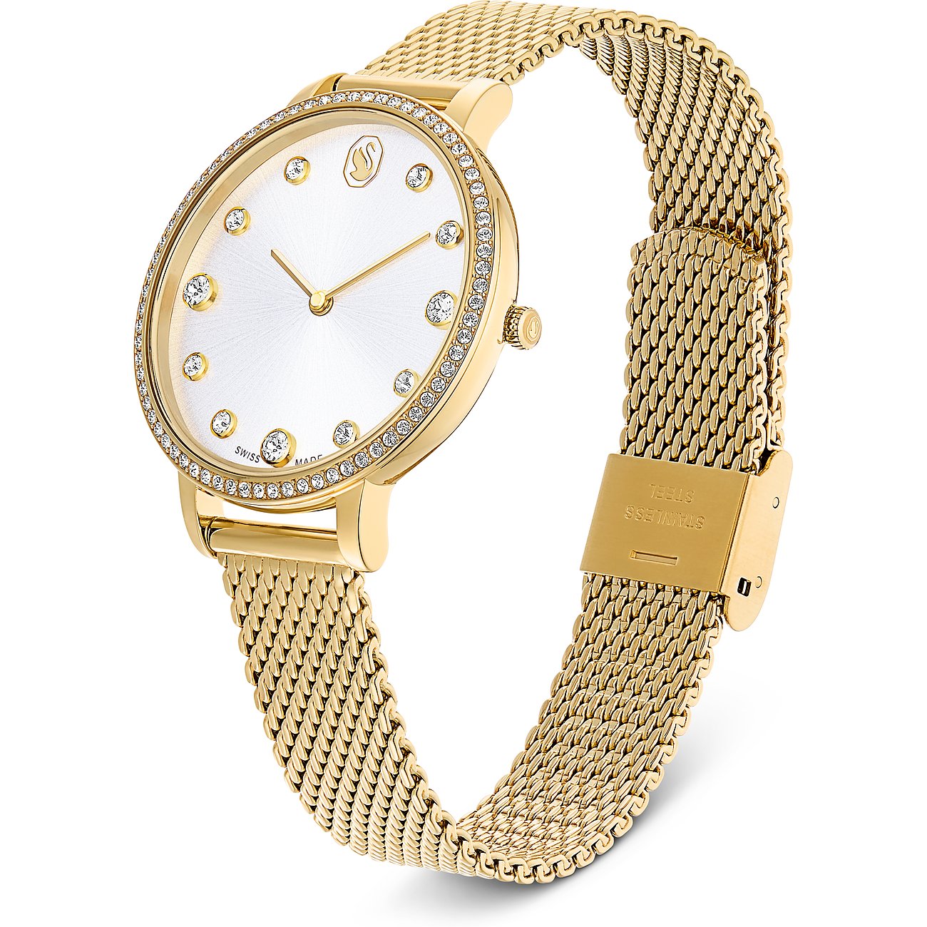 Swarovski Unisexuhr aus goldenem Edelstahl mit weißem Zifferblatt und Swarovski-Kristallen auf der Lünette.