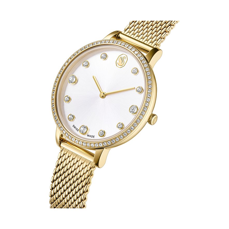 Nahaufnahme einer Swarovski Unisex-Uhr aus goldfarbenem Edelstahl mit weißem Zifferblatt und Swarovski-Kristallen.