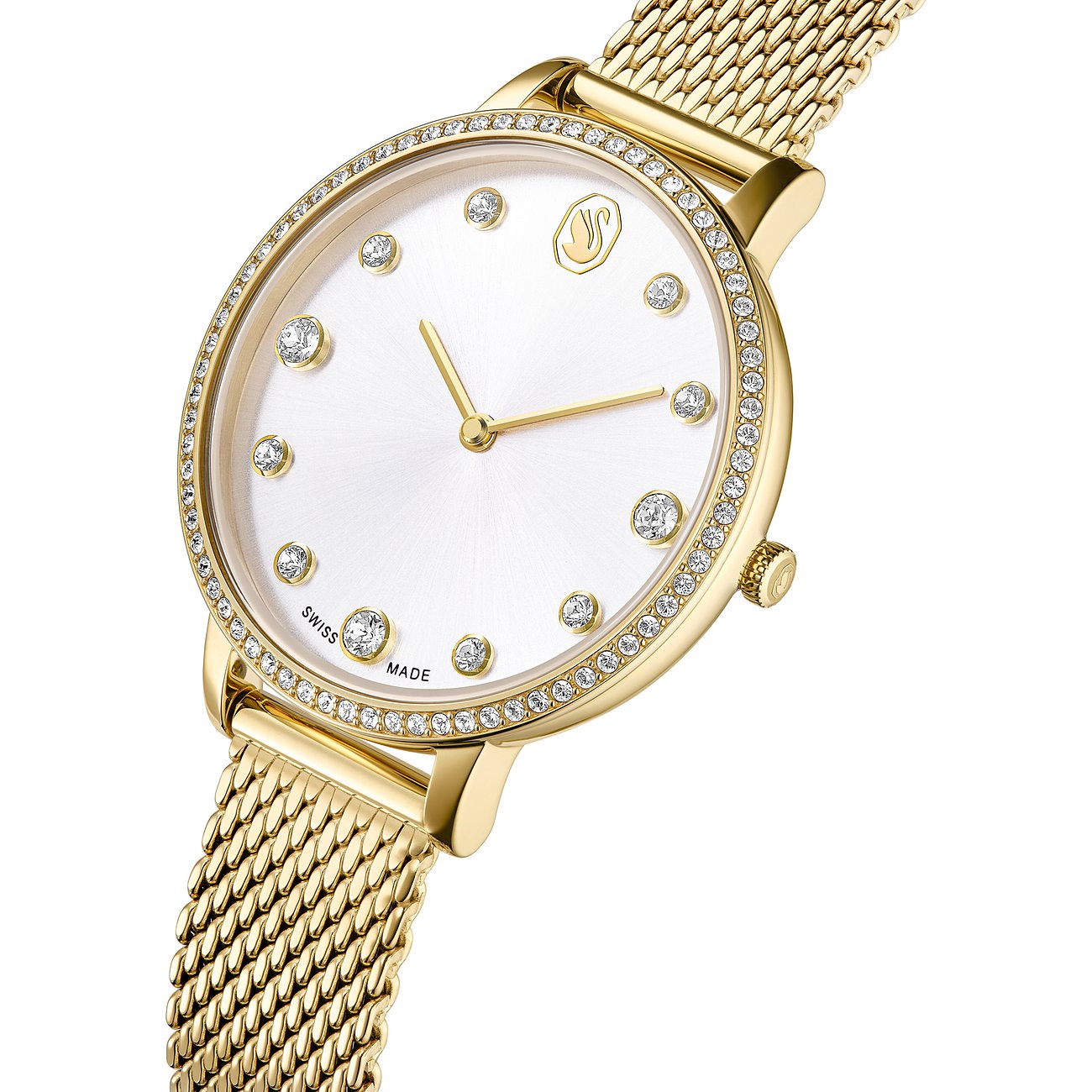 Nahaufnahme einer Swarovski Unisex-Uhr aus goldfarbenem Edelstahl mit weißem Zifferblatt und Swarovski-Kristallen.