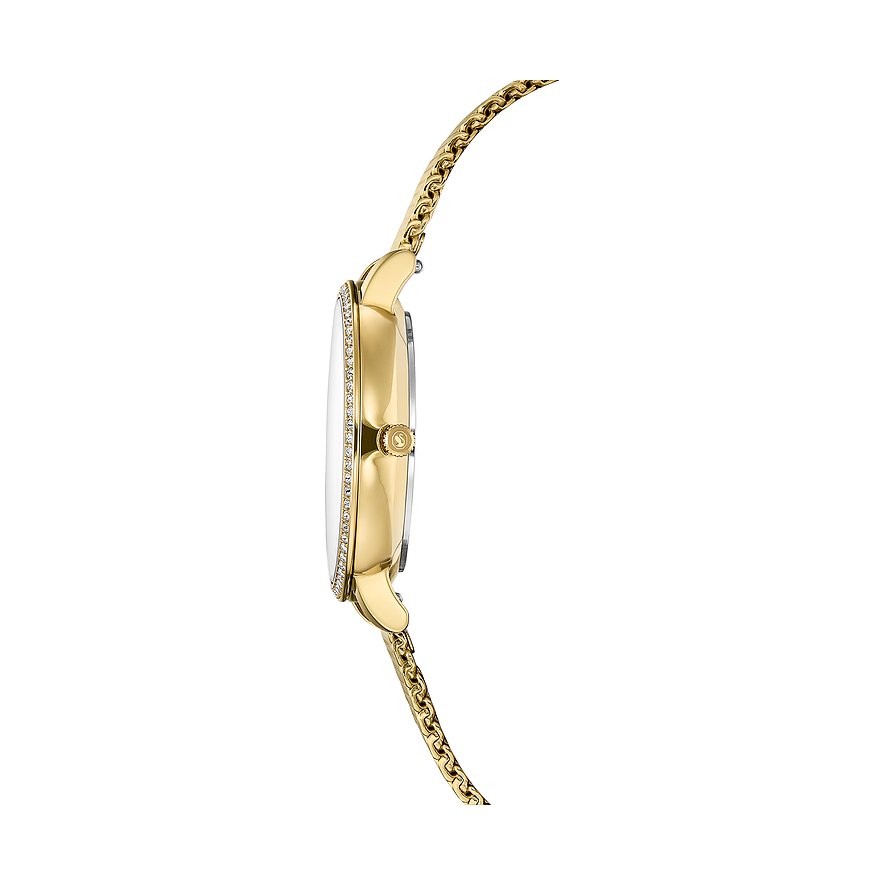 Seitenansicht einer goldenen Swarovski Unisexuhr aus Edelstahl mit funkelnden Swarovski-Kristallen am Gehäuserand.