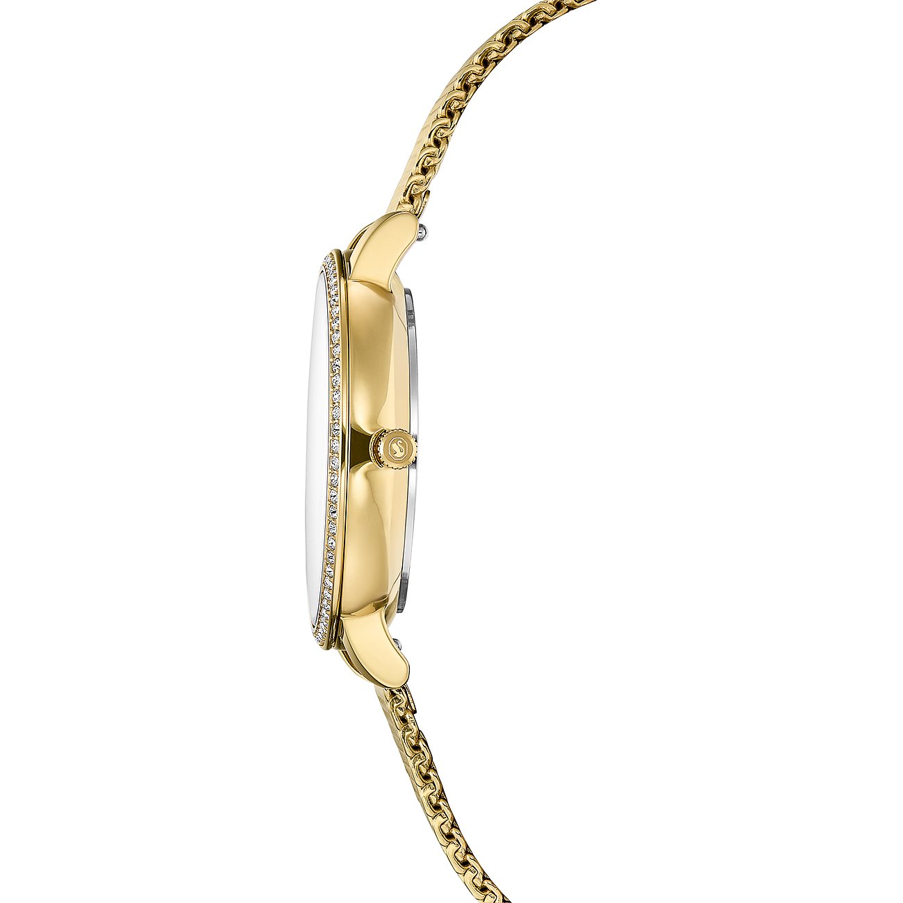 Seitenansicht einer goldenen Swarovski Unisexuhr aus Edelstahl mit funkelnden Swarovski-Kristallen am Gehäuserand.