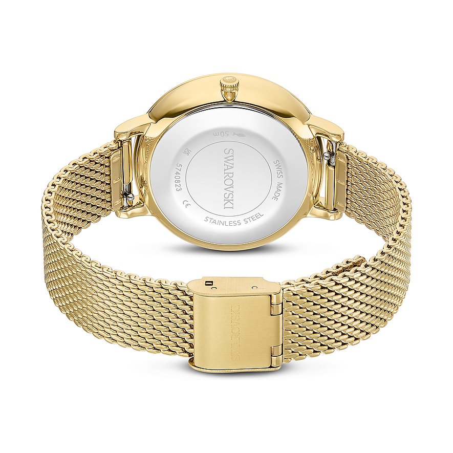 Rückseite einer goldenen Swarovski Quarzuhr aus Edelstahl mit feinmaschigem Armband und Gravur.