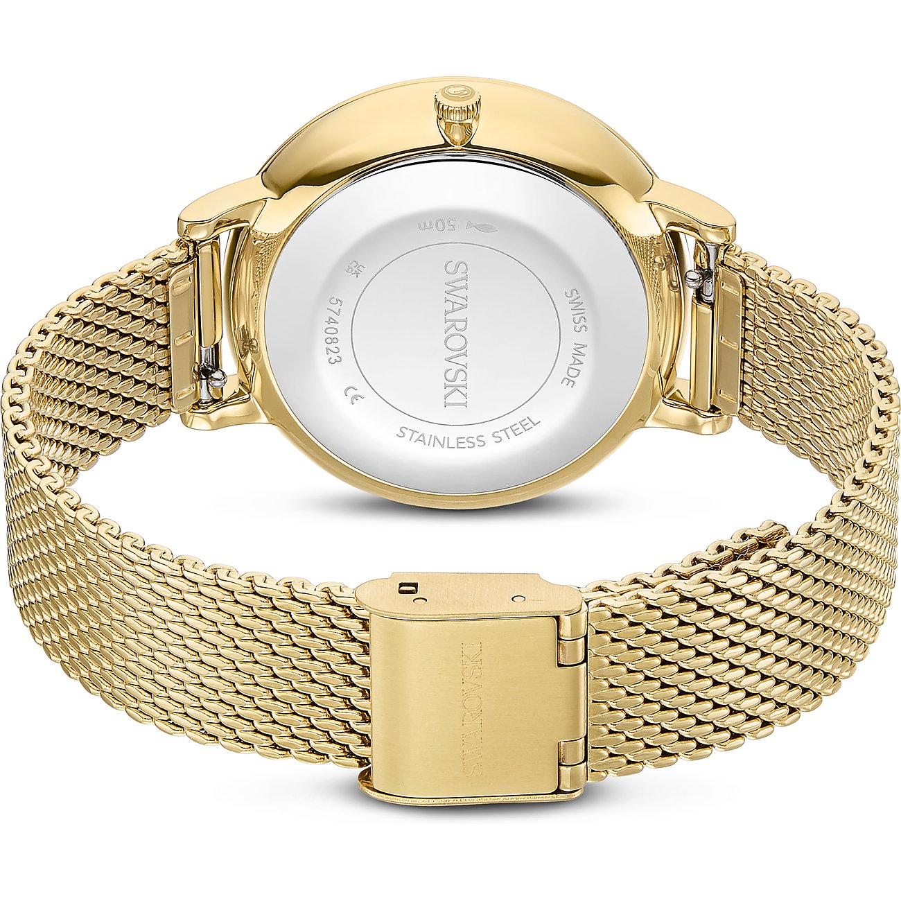 Rückseite einer goldenen Swarovski Quarzuhr aus Edelstahl mit feinmaschigem Armband und Gravur.