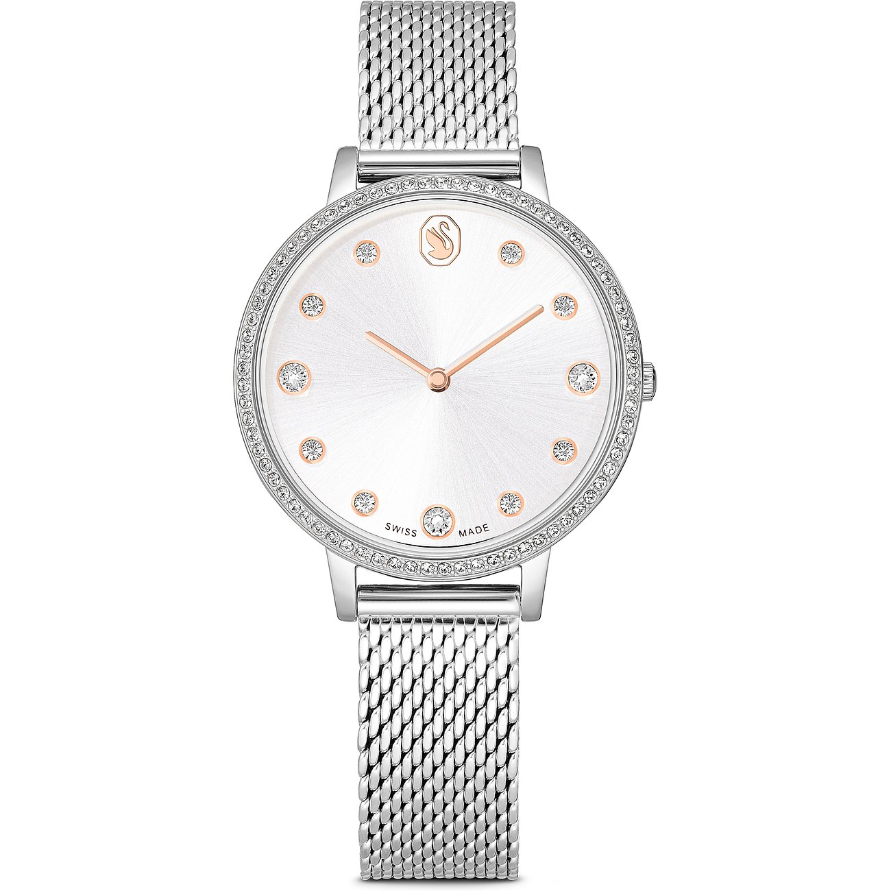 Swarovski Unisexuhr aus Edelstahl mit silbernem Mesh-Armband und weißem Zifferblatt mit Swarovski-Kristallen.