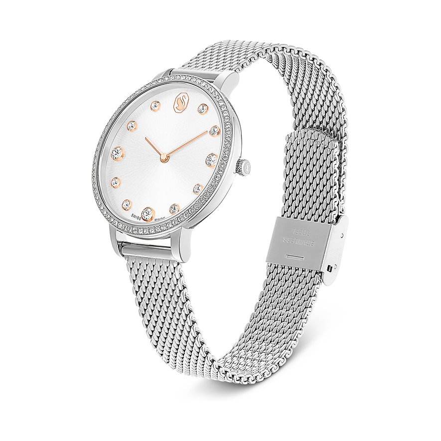 Swarovski Unisex-Uhr aus Edelstahl mit silbernem Milanaise-Armband und Zifferblatt mit Swarovski-Kristallen.