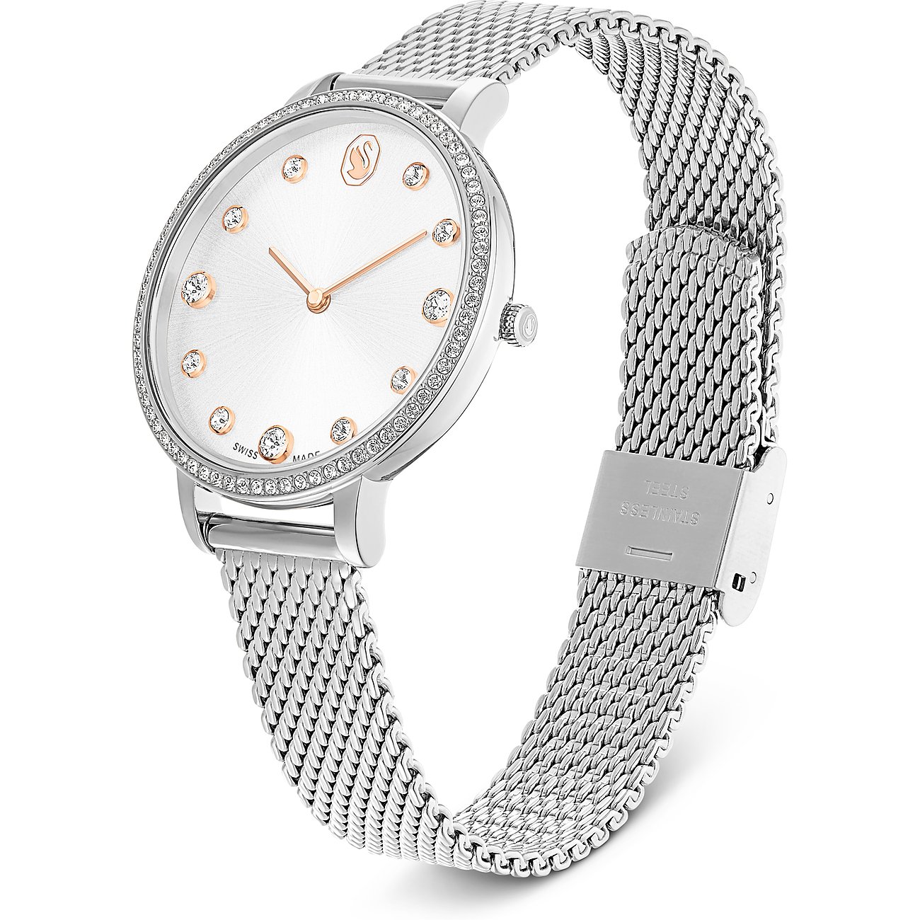Swarovski Unisex-Uhr aus Edelstahl mit silbernem Milanaise-Armband und Zifferblatt mit Swarovski-Kristallen.
