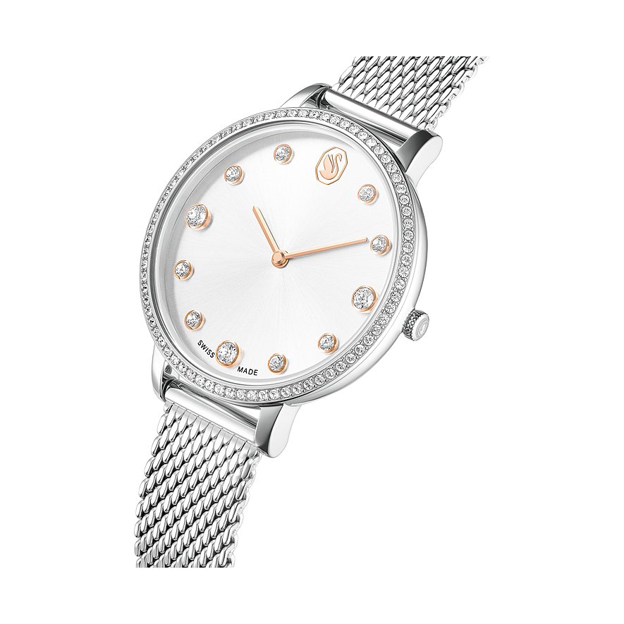 Swarovski Unisexuhr aus Edelstahl mit einem silbernen Milanaisearmband und Gehäuse, verziert mit Swarovski-Kristallen.