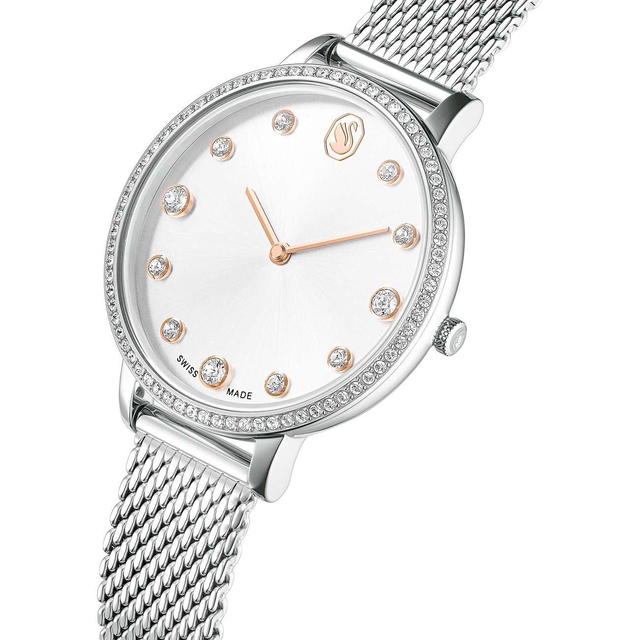 Swarovski Unisexuhr aus Edelstahl mit einem silbernen Milanaisearmband und Gehäuse, verziert mit Swarovski-Kristallen.