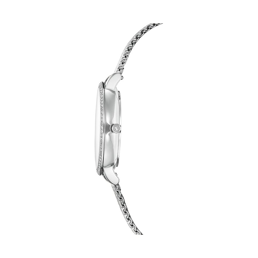 Seitenansicht einer Swarovski Unisexuhr aus Edelstahl mit funkelnden Swarovski-Kristallen am silberfarbenen Geh r