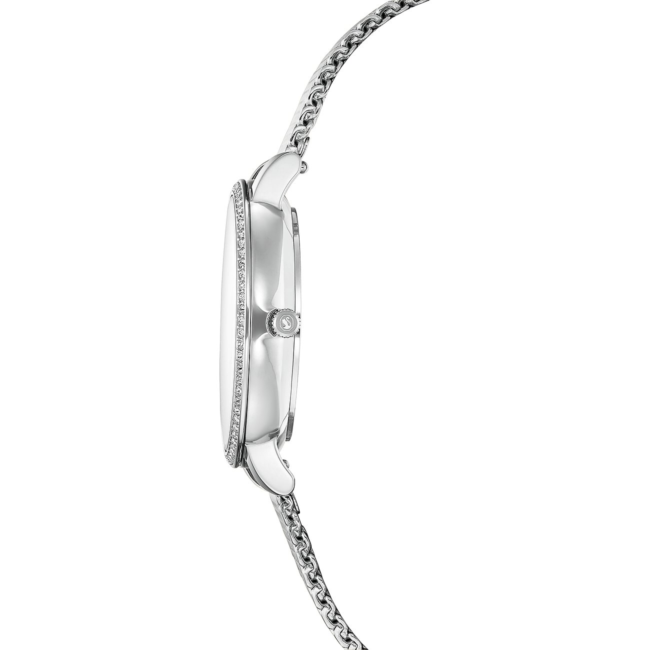 Seitenansicht einer Swarovski Unisexuhr aus Edelstahl mit funkelnden Swarovski-Kristallen am silberfarbenen Geh r