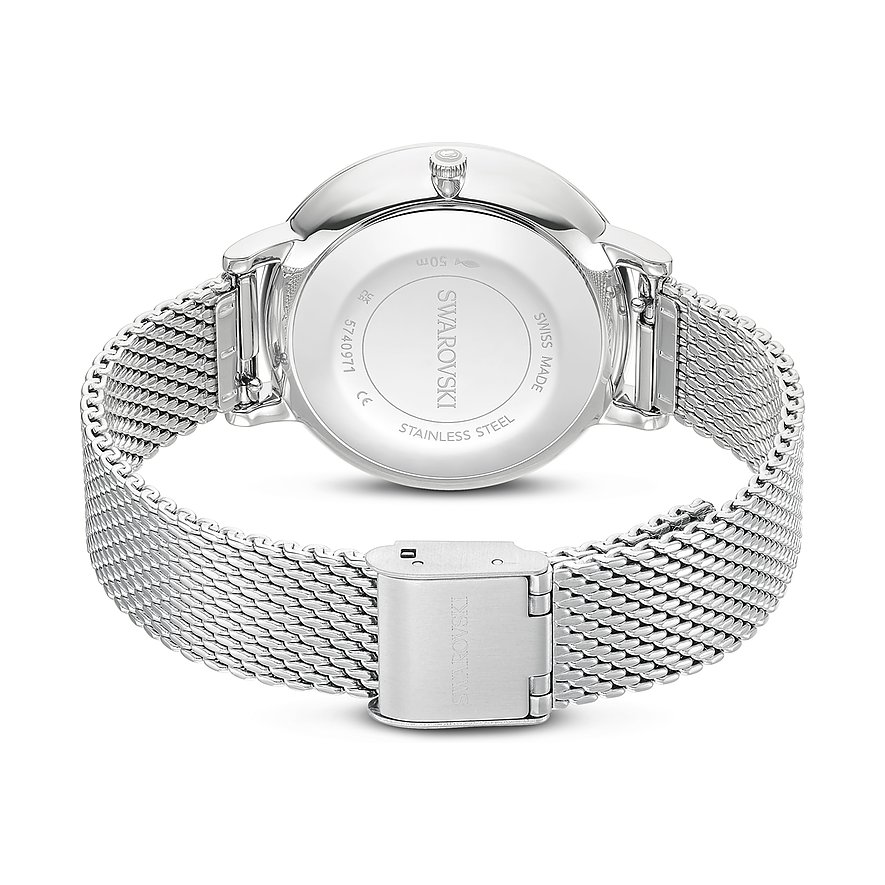 Rückseite einer Swarovski Unisexuhr aus Edelstahl mit filigranem Milanaise-Armband und gravierter Gehäuseabdeckung.