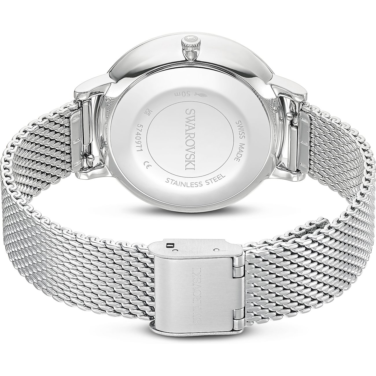 Rückseite einer Swarovski Unisexuhr aus Edelstahl mit filigranem Milanaise-Armband und gravierter Gehäuseabdeckung.