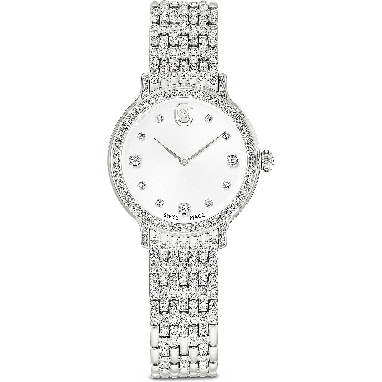 Swarovski Unisexuhr aus Edelstahl mit glitzernden Swarovski-Kristallen auf dem Zifferblatt und Armband.